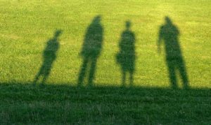 shadow of four people in green grass