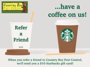 Refer a friend... have a coffee on us! When you refer a friend to Country Boy Pest Control, we'll send you a $10 Starbucks gift card.